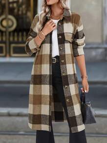 Chiquease Women's Thicken Warm Plaid Shirt Collar Patch Pocket Long Overcoat