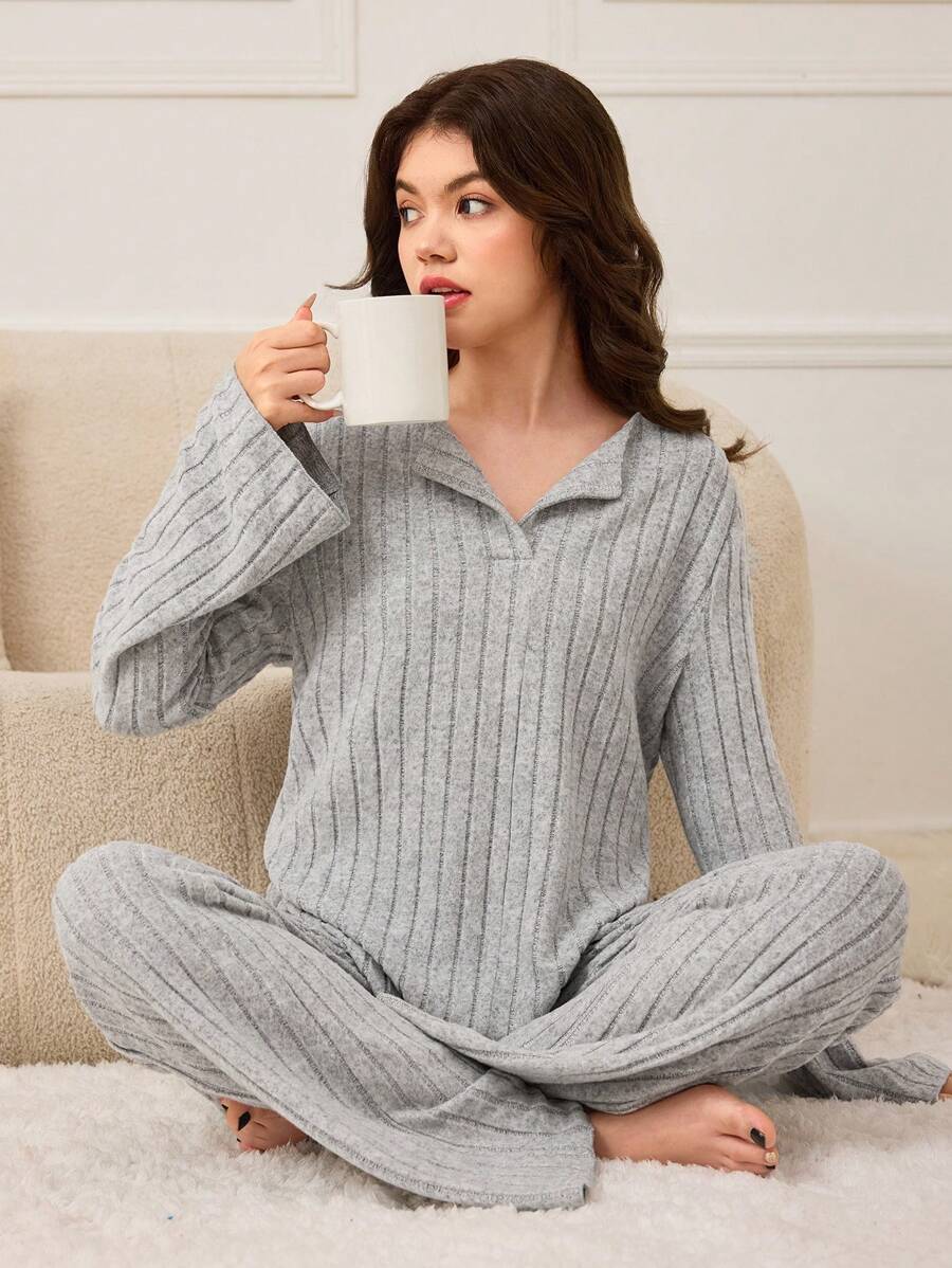 2pcs Teen Girl Sleepwear Set, Gray Minimalist Design Long Sleeve Top And Long Pants Pajama - Grey - View 1