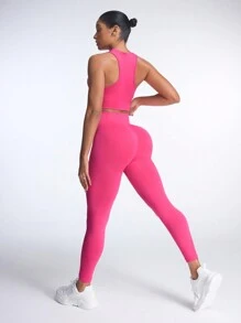 SHEIN Yoga Basic 2 piezas Conjunto de ropa deportiva y yoga sin costuras para mujer - Rosa Fucsia - Ver 2
