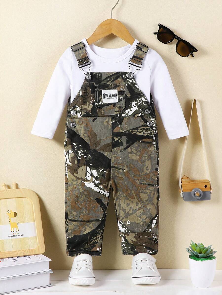 Baby Boy Casual Letter & Camouflage Printed Denim Bib Pants - Army Green - View 1