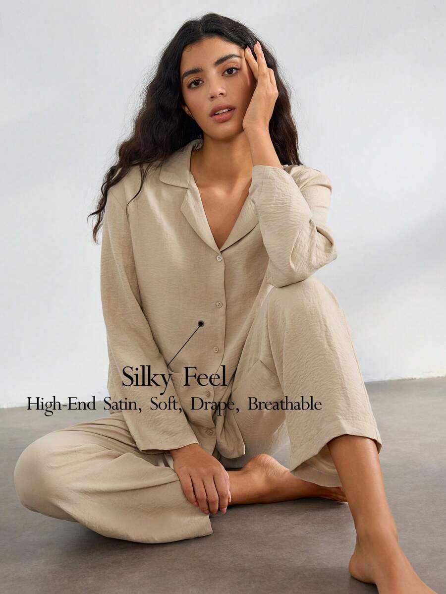 Ocili 休闲女士舒适休闲纯色套装，时尚假日季 - 卡其色 - 查看 1