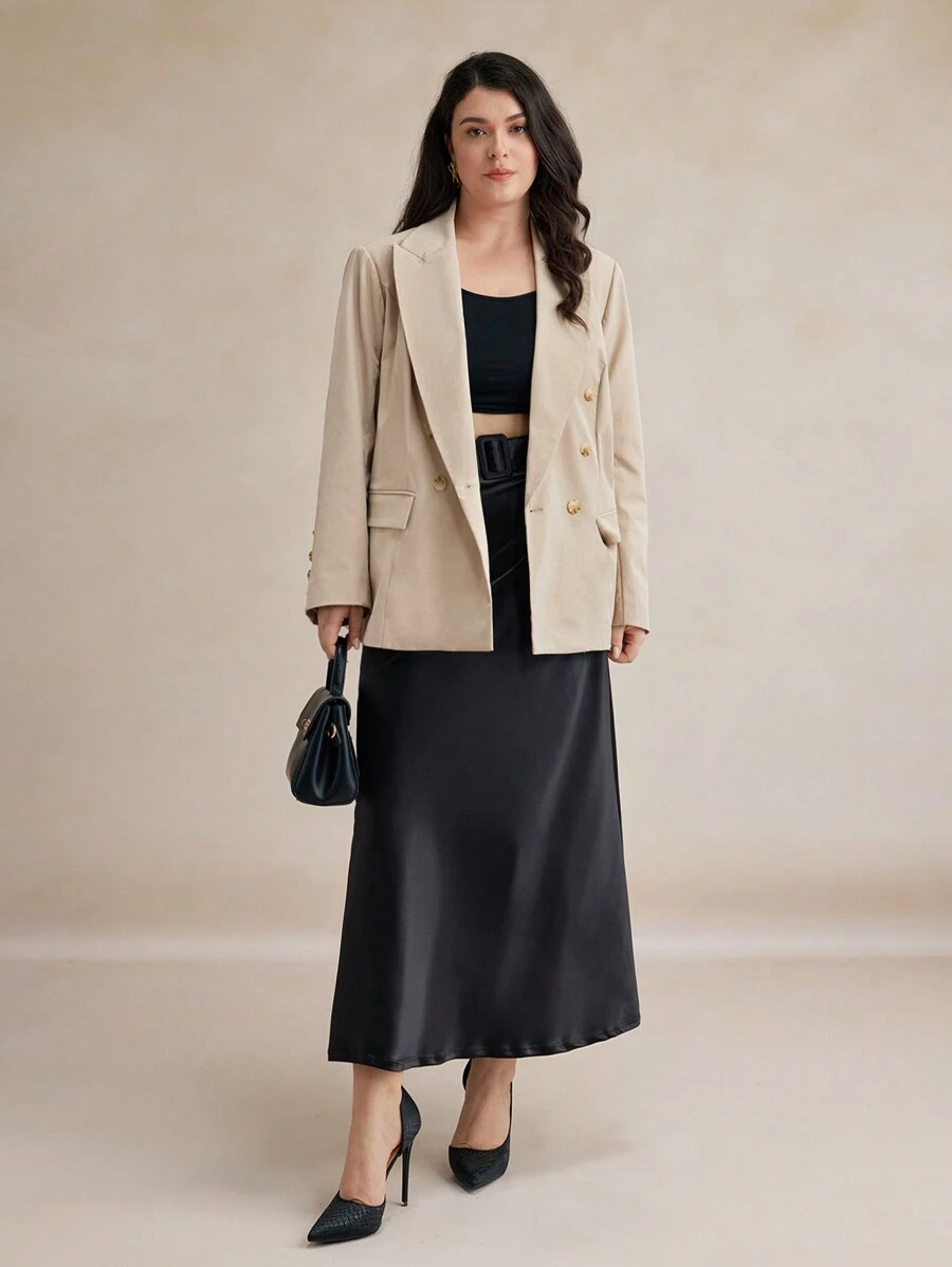 BizChic 大码翻领长袖纽扣前口袋休闲夹克 - 杏色 - 查看 1