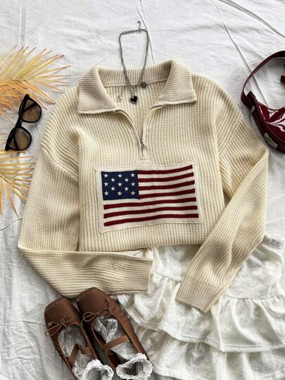 Soleia High Collar Long Sleeve US Flag Casual Sweater, Autumn & Winter