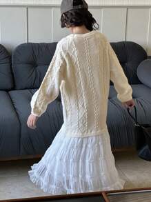 DAZY 青少年女孩粗针织撞色网眼毛衣裙，返校服装