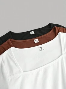 SHEIN Juego de 3 camisetas de manga larga de cuello cuadrado fruncido que combina con todo, en negro, marrón y blanco, 3 piezas, compra 1 y llévate 2 gratis para adolescentes