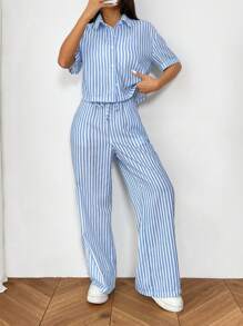 SHEIN Unity Sommar Casual Randig Kortärmad Skjorta Och Byxor Set