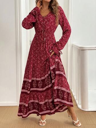 Breezaya Front Lace Up Long Sleeve Pleated All-Over Print Maxi Casual Dress For New Year Clothes Fall Cloth For Women