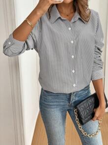 Chiquease Striped Print Asymmetrical Hem Front Button Long Sleeve Shirt - Black - View 5