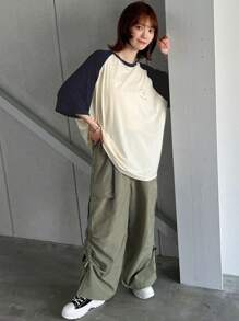 FRIFUL Women's Colorblocked Raglan Sleeve T-Shirt With Letter Print