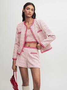 BizChic Red Plaid Fitted Opened Front Top Fall Outfits - Red and White - View 7