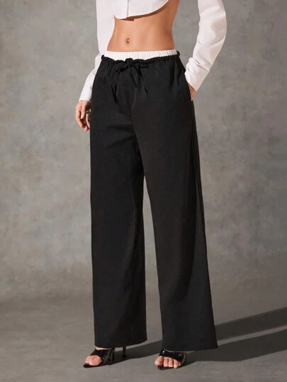 Glamine Pantalones casuales anchos de pierna recta con cintura de color contrastante para mujeres