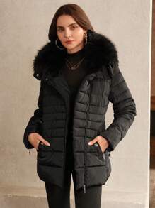 Anewsta Áo khoác nữ cổ ngắn bồng bềnh có thể tháo rời viền ôm vừa vặn có đệm - màu đen - Xem 1