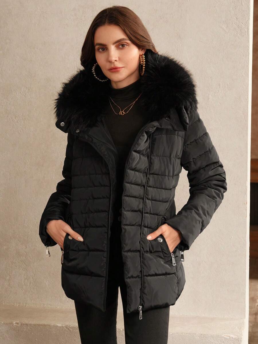 Anewsta Áo khoác nữ cổ ngắn bồng bềnh có thể tháo rời viền ôm vừa vặn có đệm - màu đen - Xem 1