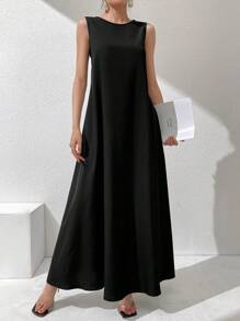 Al Najma 勃艮第红色女士纯色圆领无袖长款休闲阿拉伯连衣裙，休闲 2 件套，阿巴亚内衣裙，阿拉伯连衣裙，长款背心裙，基本款长裙 - 酒紅色 - 查看 4