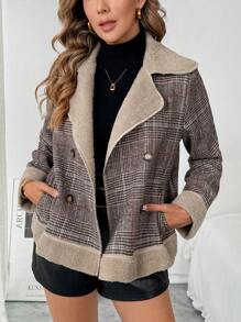 SHEIN Clasi 女士秋冬撞色翻领格纹长袖休闲常规夹克 - 彩色 - 查看 7