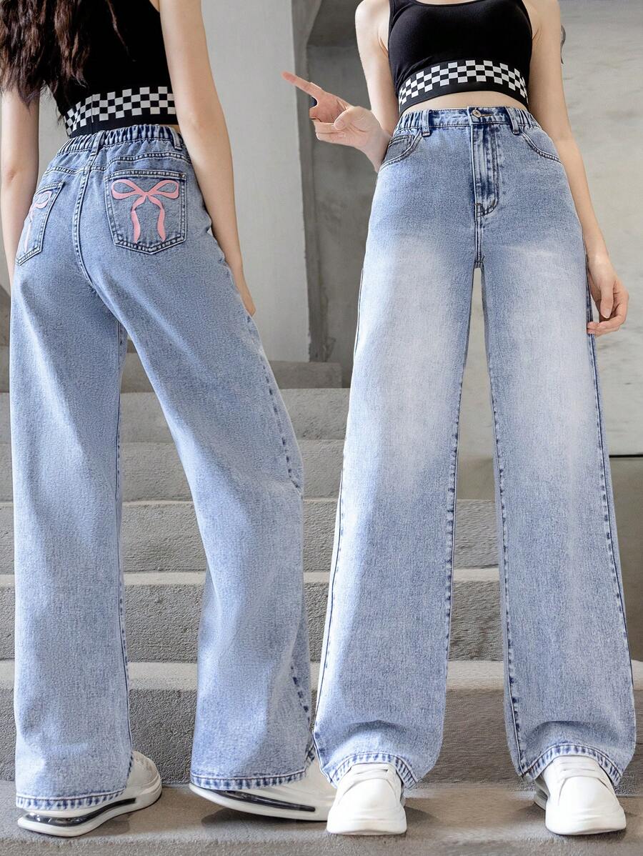 SHEIN 青少女休閒蝴蝶印花直腳牛仔褲，水洗工藝 - 淺色水洗藍 - 查看 1