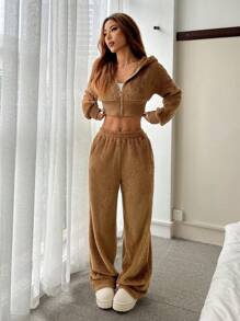 SHEIN EZwear 2 件套女士纯色羊毛前拉链连帽衫和裤子套装，秋冬 - 杏色 - 查看 6