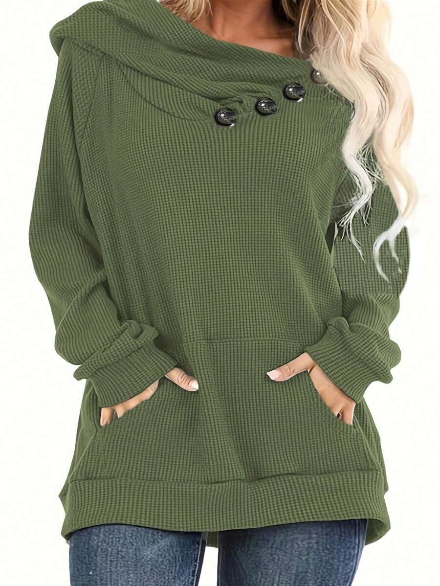 Sudadera de manga larga con bolsillos de unicolor y 4 botones para mujer talla grande, casual de primavera - Verde militar - Ver 1
