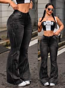 SHEIN EZwear Women Casual Washed Butterfly Distressed Slim Fit Flare Leg Jeans - Grey - View 1