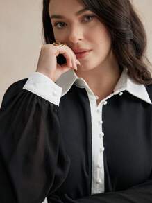 BizChic Vestito elegante a maniche lunghe con bottoni e contrasto di colori bianco e nero, taglia comoda - nero - Visualizzare 6