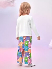 SHEIN X Care Bears Young Girl Colorful Sweet Stack Bear Print Loose Fit Flame Retardant Sleepwear Pajama Set, Including Long Sleeve Top And Pants