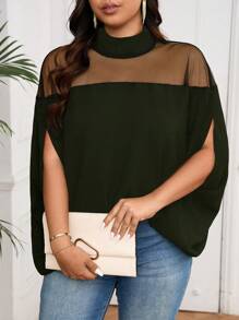 SHEIN Clasi 大码女式夏季纯色立领网眼撞色蝙蝠袖宽松优雅衬衫 - 軍綠色 - 查看 1