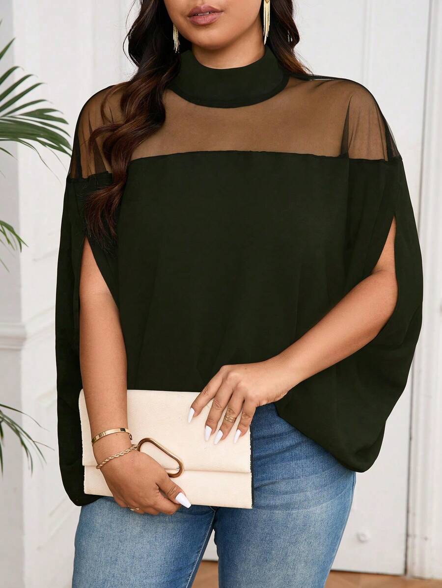 SHEIN Clasi 大码女式夏季纯色立领网眼撞色蝙蝠袖宽松优雅衬衫 - 軍綠色 - 查看 1