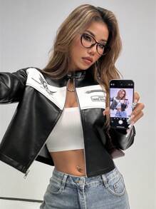 SHEIN EZwear Zipper Front Long Sleeve Solid Color Patchwork Casual PU Biker Jacket In Fall/Winter - Black and White - View 1