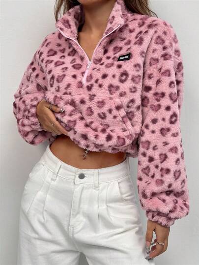 Sudadera con capucha con cremallera de forro polar con estampado de leopardo para mujer
