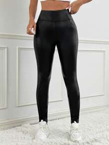 SHEIN EZwear Women's Solid Color High Waist PU Leggings - Black - View 6