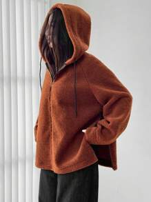 SHEIN Unity Women's Casual Loose Fuzzy Long Jacket Fall Cloth For Women - Brown - View 1