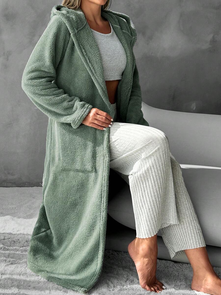 RueChic Dual Pocket Belted Hooded Lounge Robe - Green - View 1