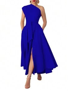 Women's Sleeveless Solid Color Side Pocket Split Hem Dress, Elegant Summer - Blue - View 3