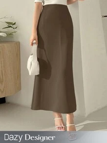 Dazy Designer 女士休闲春夏侧开衩半身裙 - 棕色 - 查看 1