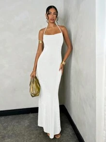 SHEIN BAE 女士纯绿色浪漫假日海滩约会日常简约优雅露背细肩带长裙、正式礼服、露背连衣裙 - 白色 - 查看 4