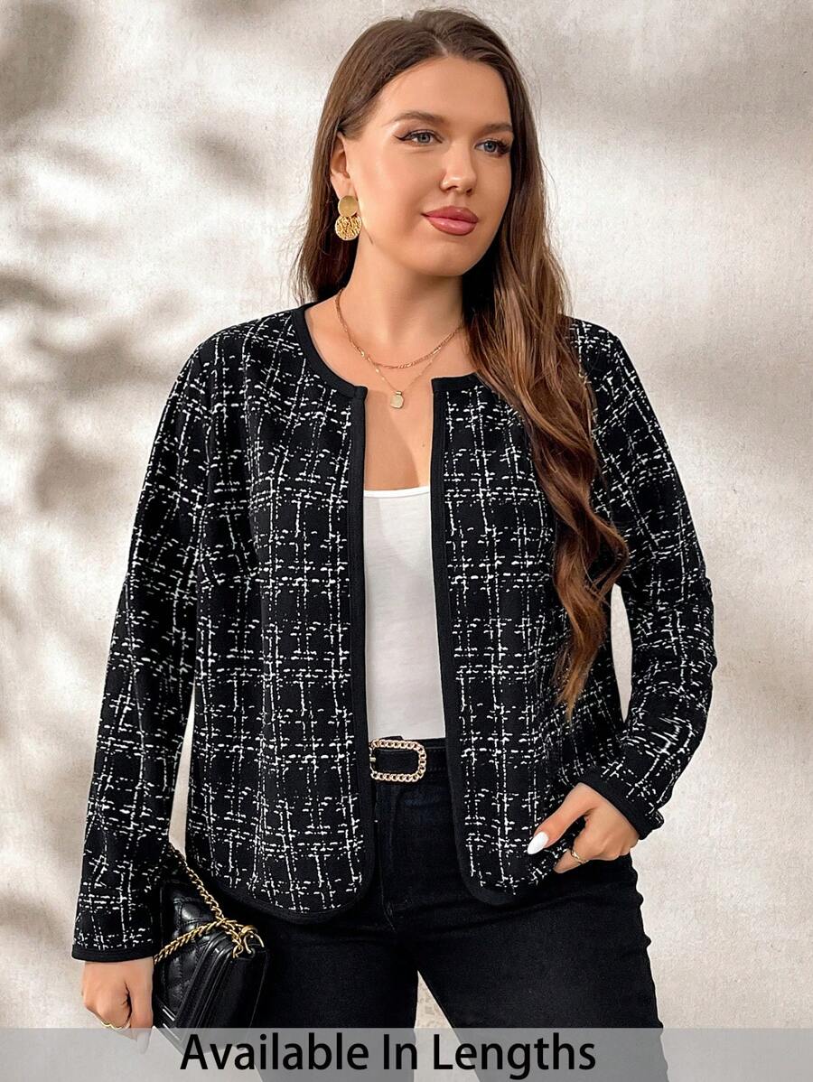 SHEIN PETITE CURVE 大码优雅印花短夹克，撞色边缘，秋冬 - 彩色 - 查看 1