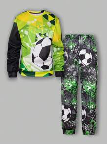 2pcs Teenage Boys Casual Cool Football Pattern Long Sleeve Hoodie And Sweatpants Set - Green - View 1
