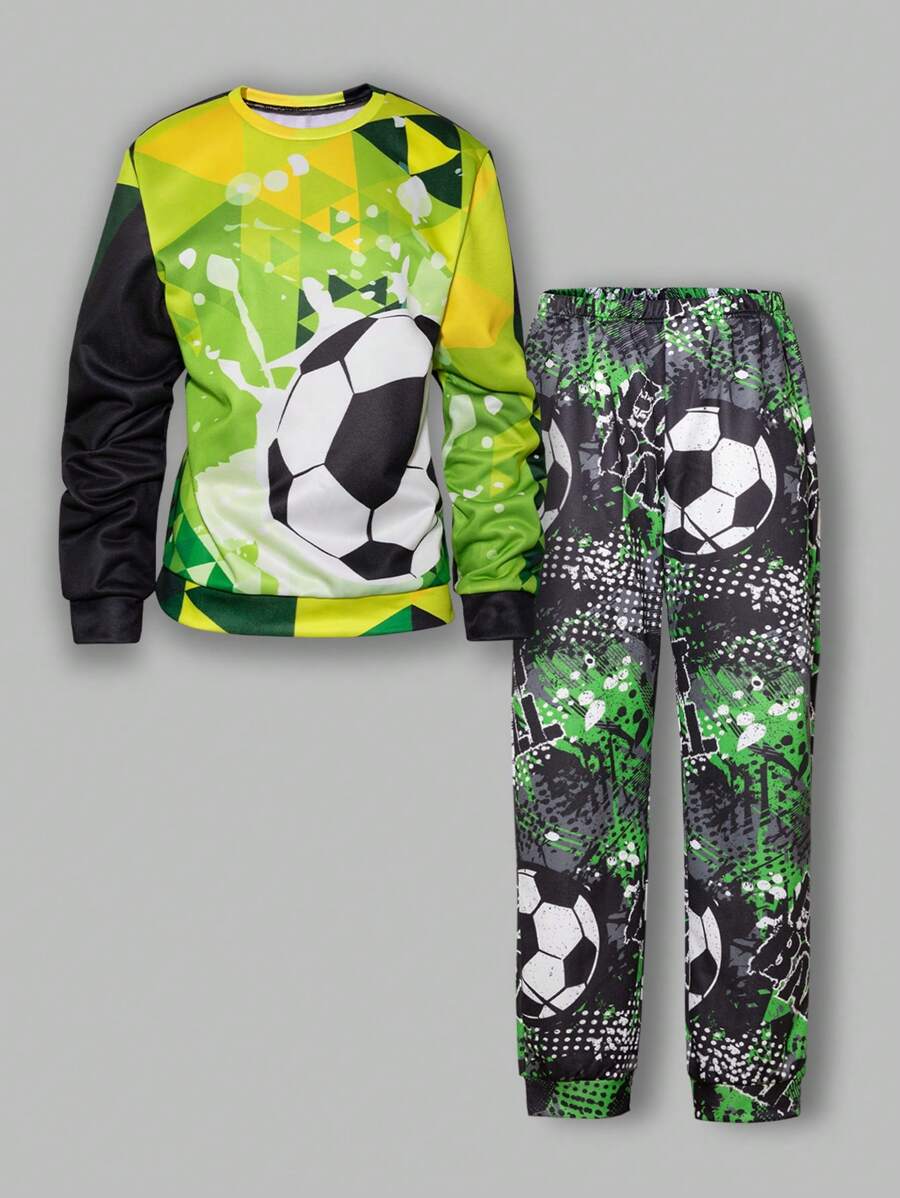 2pcs Teenage Boys Casual Cool Football Pattern Long Sleeve Hoodie And Sweatpants Set - Green - View 1