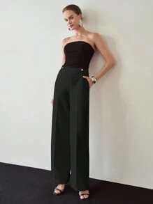 MOTF PREMIUM SOLID GOLD BUTTON DETAIL SLANT POCKET SEAM FRONT WIDE LEG PANTS - Black - View 3