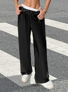 SHEIN EZwear Women's Contrast Color Lace-Up Leather Wide-Leg Casual Leather Pants
