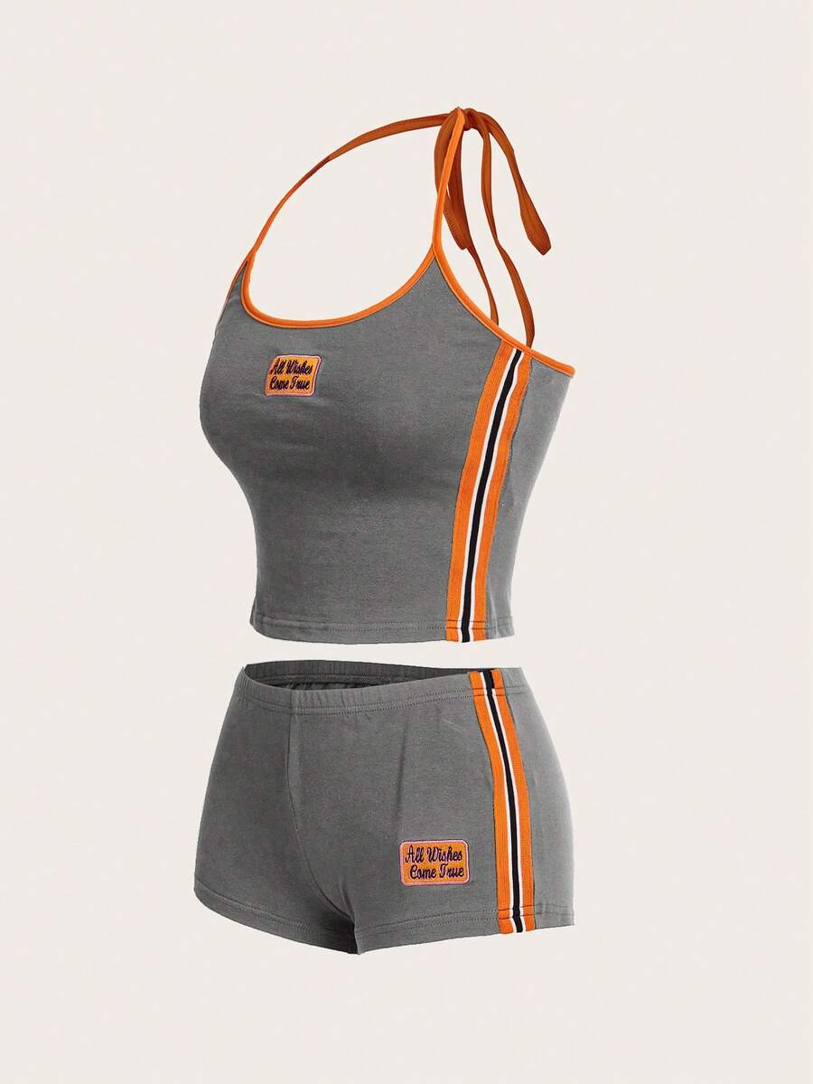 SHEIN ICON 女士 Y2k 夏季运动套装 撞色 Bikercore 字母刺绣无袖上衣和低腰短裤套装 - 灰色 - 查看 1