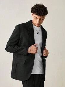 Manfinity VCAY 男士梭织休闲日常宽松纯色拉链长袖夹克，适合秋冬 - 黑色 - 查看 5