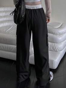 DAZY Pantalones casuales anchos de carga con cordón, mujer, patchwork con contraste a rayas