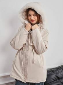 Girl & Teen Girls Casual Cinched Waist Mid-Length A-Line Padded Coat With Fur Collar For Daily Wear, Suitable For Winter