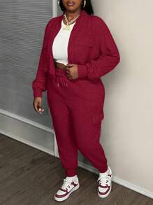 SHEIN Slayr 2pcs Plus Size Women Streetwear & Casual & Sports Solid Color Pullover Hoodie And Long Pants Set With Pockets, Autumn Winter - Burgundy - View 3