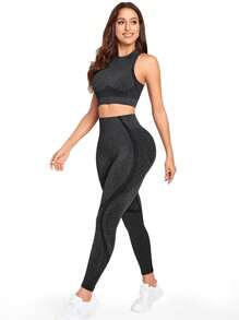 SHEIN Sports Bộ đồ tập luyện & yoga liền mạch 2 món/bộ đồ thể thao tập luyện cho nữ Bộ đồ bó cho nữ - màu đen - Xem 5