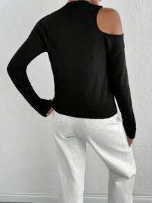 EURMUSE WOMEN CUT OUT DETAILED CASUAL THIN BLACK SWEATER CARDIGAN - Black - View 2