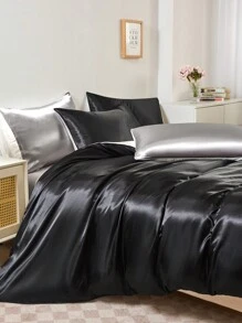 3 件优质黑白双色双面丝滑缎面羽绒被套床上用品套装，柔软透气防皱，助眠效果更佳，豪华酒店风格，送给妈妈爸爸朋友的礼物，被子被套 * 1 枕套 * 2 特大号双人床尺寸宿舍床上用品返校床上用品 - 黑與白 - 查看 4