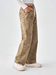 SHEIN Explorewe Tween Girls Y2K 时尚复古水洗效果 Mellard 彩色街头百搭休闲牛仔裤，适合所有季节 - 綠色 - 查看 6