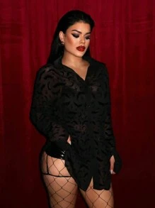 SHEIN SXY Halloween Long Sleeve See-Through Bat Net Sheer Blouse For Women